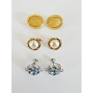Set of 3 Sets Vintage Clip On Earrings Rhinestone Carved Amber Scarab Faux Pearl